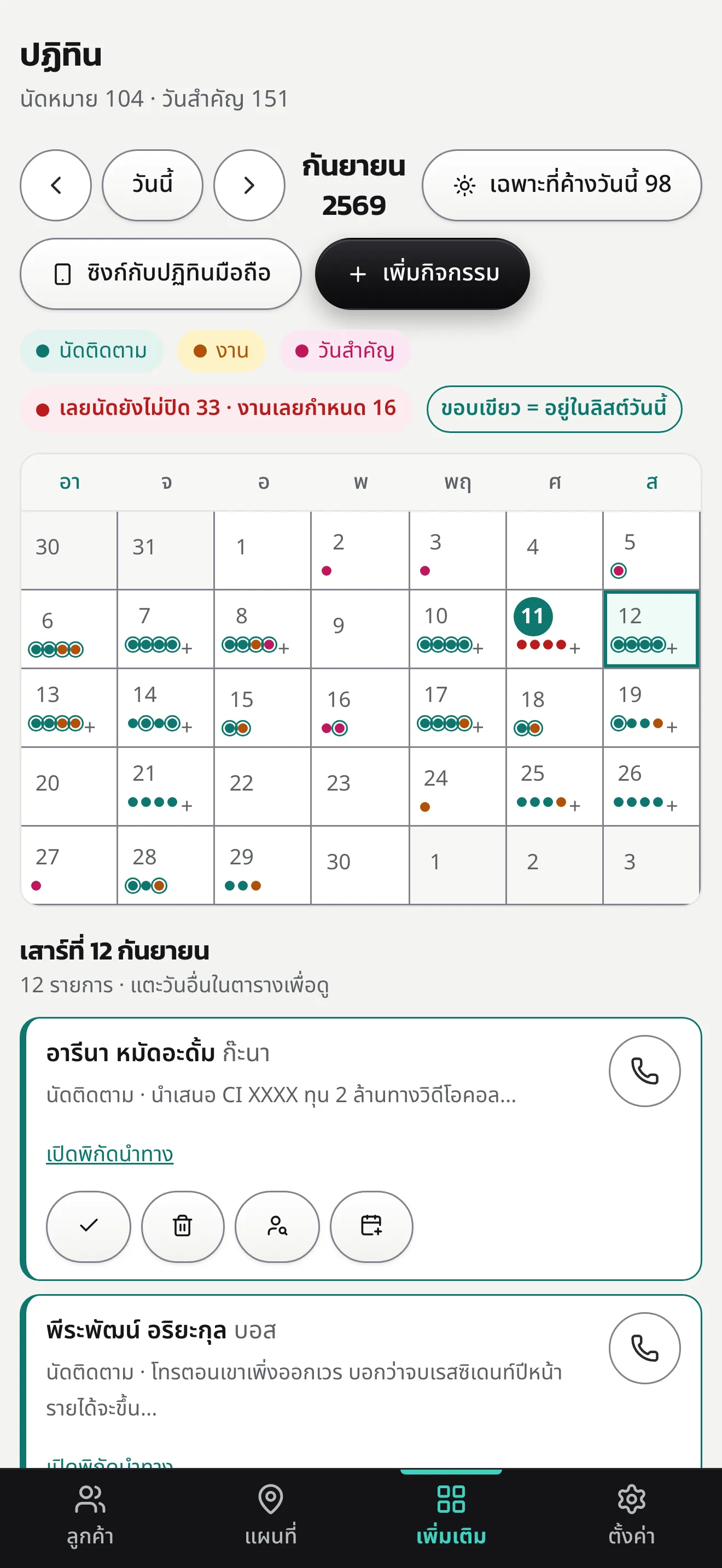 หน้าจอมือถือ แท็บปฏิทินรายเดือน มีปุ่มเลื่อนเดือน ปุ่มวันนี้ ปุ่มเฉพาะที่ค้างวันนี้ ปุ่มซิงก์กับปฏิทินมือถือ และปุ่มเพิ่มกิจกรรมสีดำ ป้ายสีแยกนัดติดตาม งาน และวันสำคัญ แต่ละวันมีจุดสีบอกรายการ วันที่เลือกมีกรอบสีเขียว ใต้ปฏิทินเป็นรายการของวันนั้น บอกชื่อผู้ที่นัด เรื่องที่จะสนทนา ลิงก์เปิดพิกัดนำทาง และปุ่มจัดการรายนัด ด้านล่างเป็นแถบเมนูสีดำของแอป